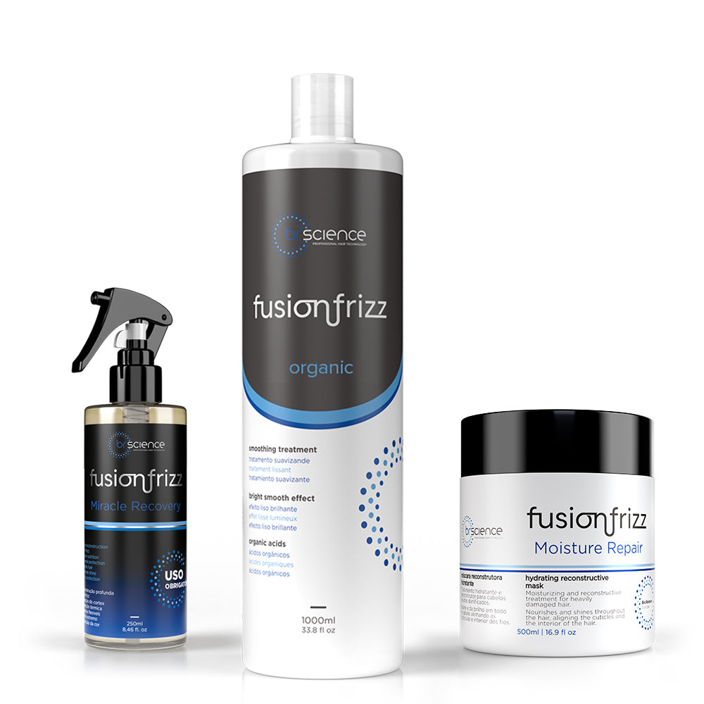 Kit Fusionfrizz: Alinhamento e Reconstrução Completa - Organic Escova Progressiva Orgânica (1L) + Protetor Térmico - Miracle Recovery (250ml) + Moisture Repair (500ml)