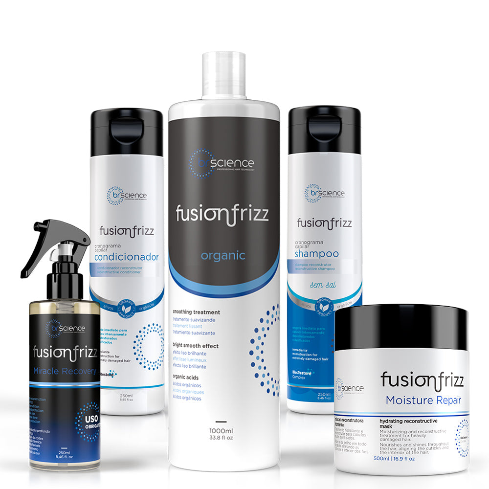 Kit Fusionfrizz: Cuidado e Alinhamento Perfeito - Escova Progressiva Orgânica (1L) + Protetor Térmico - Miracle Recovery (250ml) + Moisture Repair (500ml) + Shampoo Sem Sal (250ml) + Condicionador (250ml)