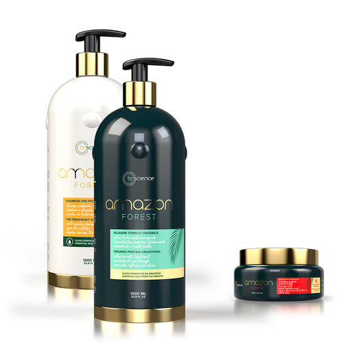 Kit Amazon Forest – Escova Orgânica 1L + Shampoo Pré-Tratamento 1L + Máscara de Hidratação 300g