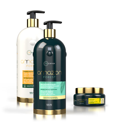 Kit Amazon Forest – Escova Orgânica 1L + Shampoo Pré-Tratamento 1L + Máscara de Reconstrução 300g
