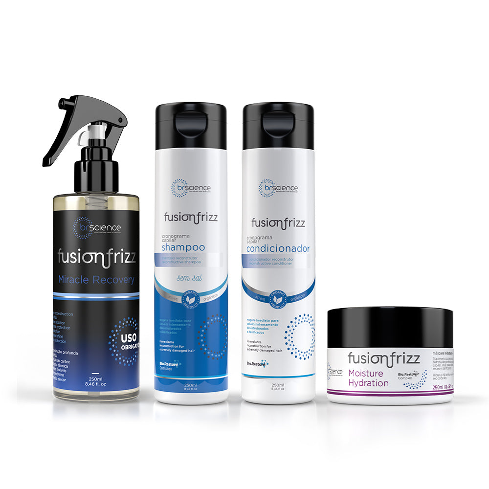 Fusionfrizz - Kit Hydra Cronograma Capilar - Protetor Térmico + Máscara de Hidratação + Shampoo + Condicionador